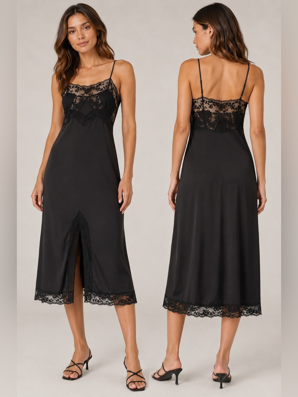 VTG 70s Blanche by Ralph Montenero Black Nylon Lace Midi Slip Dress Size 32 LBD